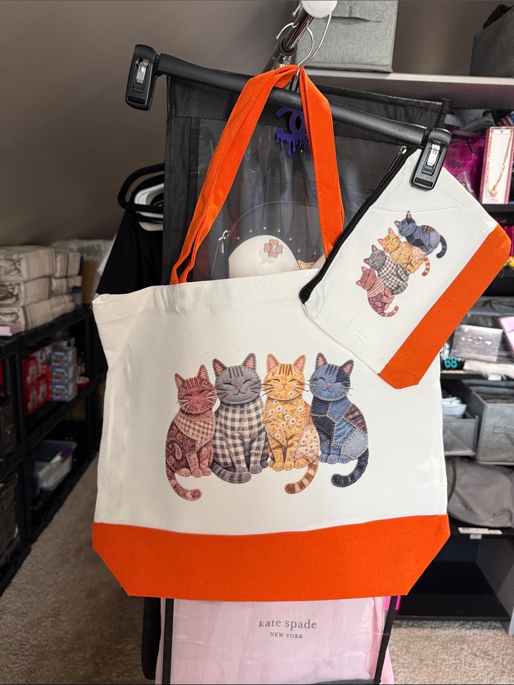 Cream Tote with Orange Trim and Multicolor Cat Print